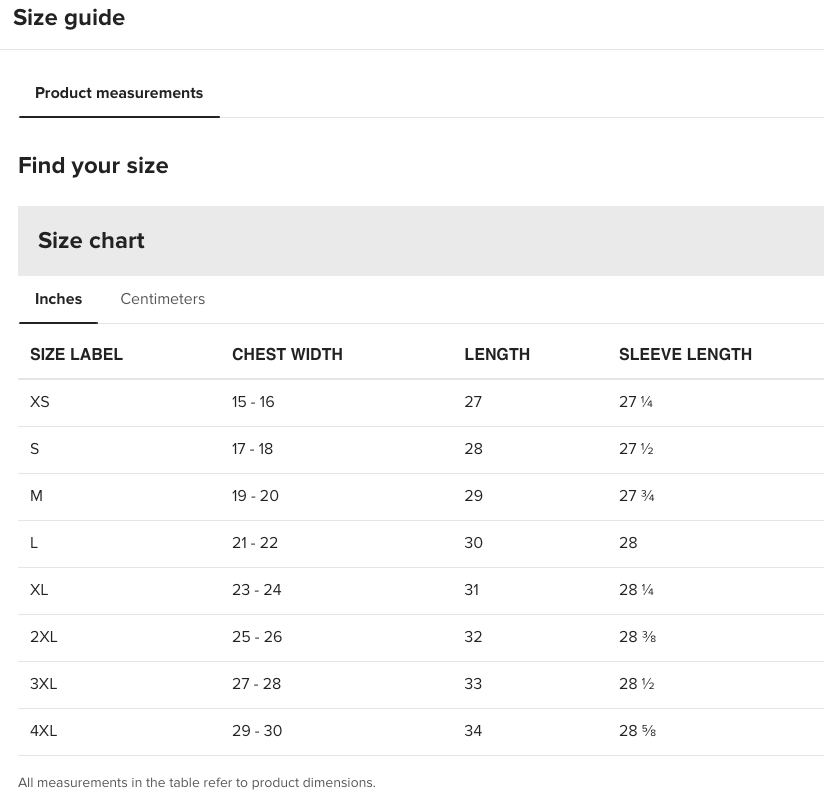 Size chart for clothing measurements in inches and centimeters